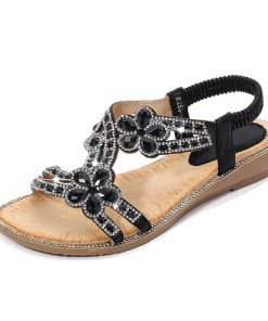 Women's T-Strap Beaded Flower Rhinestone Flat Sandals